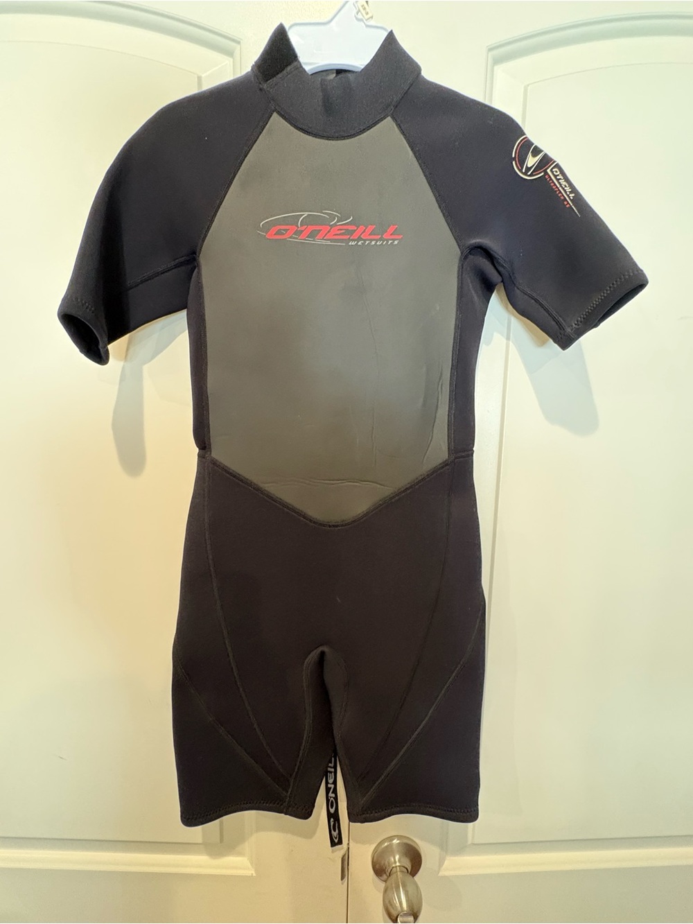 O'Neill Kids Short-Sleeve One-Piece Wetsuit in Black and Gray with Red Logo